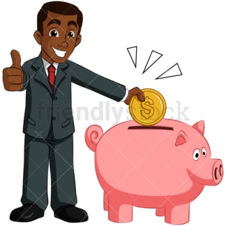 Black man saving money in piggy bank. PNG - JPG and vector EPS (infinitely scalable). Image isolated on transparent background.