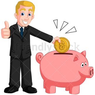Businessman saving money in piggy bank. PNG - JPG and vector EPS (infinitely scalable). Image isolated on transparent background.