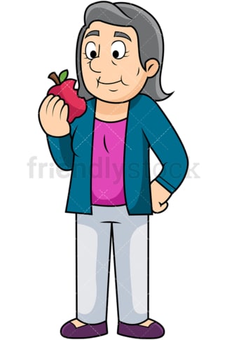Old woman enjoying apple. PNG - JPG and vector EPS. Image isolated on transparent background.