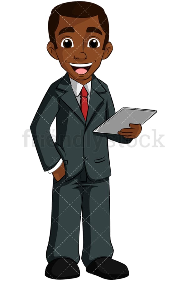 Black business man holding tablet. PNG - JPG and vector EPS (infinitely scalable). Image isolated on transparent background.