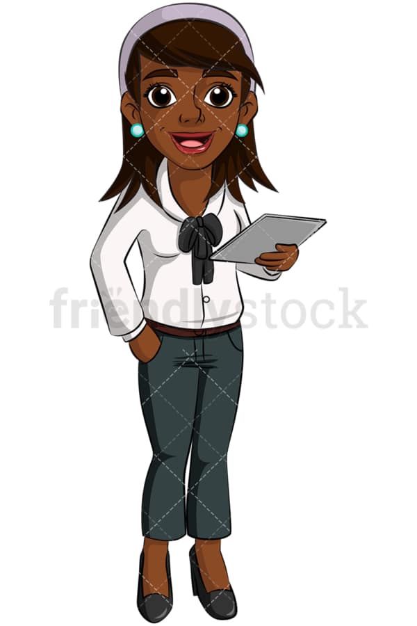 Black woman holding tablet. PNG - JPG and vector EPS (infinitely scalable). Image isolated on transparent background.