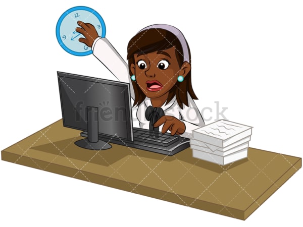 Overworked black businesswoman. PNG - JPG and vector EPS (infinitely scalable). Image isolated on transparent background.