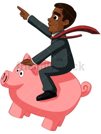 Black businessman on piggy bank. PNG - JPG and vector EPS (infinitely scalable). Image isolated on transparent background.