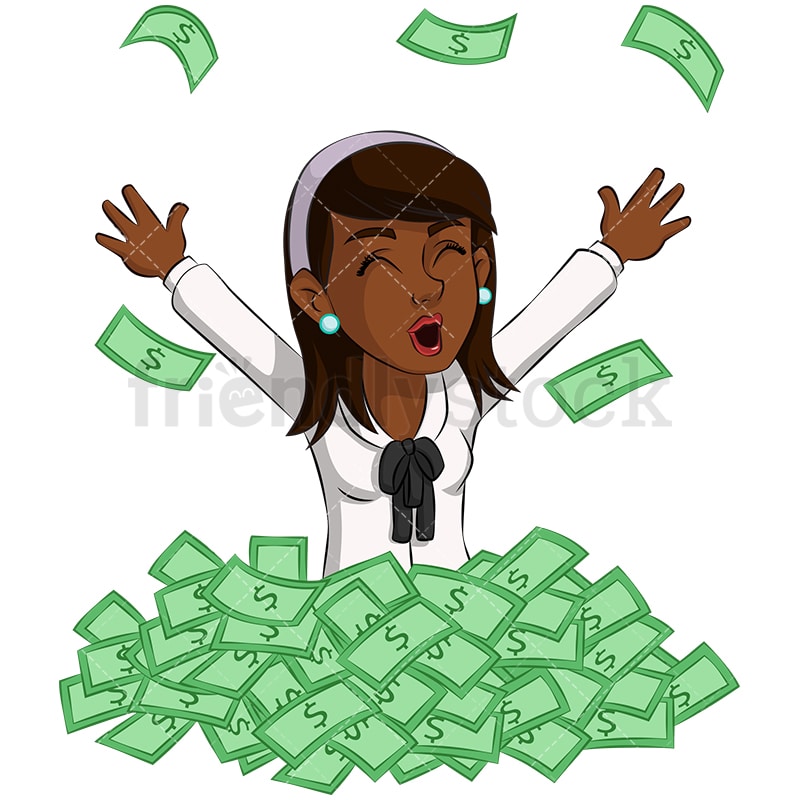 Black Businesswoman In Pile Of Money Vector Cartoon Clipart - FriendlyStock