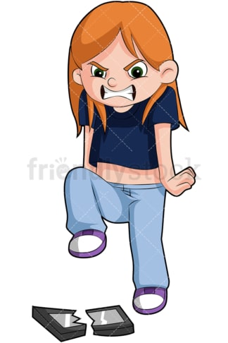 Angry little girl breaking phone. PNG - JPG and vector EPS (infinitely scalable). Image isolated on transparent background.