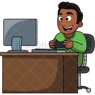 Happy black man playing pc games. PNG - JPG and vector EPS file formats (infinitely scalable). Image isolated on transparent background.