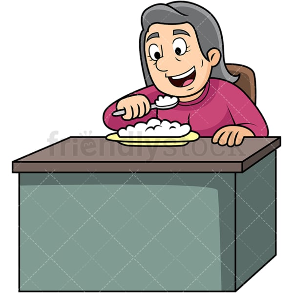 Old woman enjoying rice. PNG - JPG and vector EPS. Image isolated on transparent background.