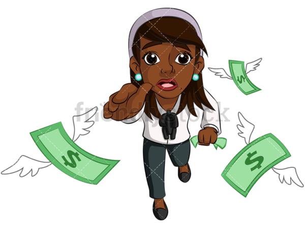 Black businesswoman chasing cash. PNG - JPG and vector EPS (infinitely scalable). Image isolated on transparent background.