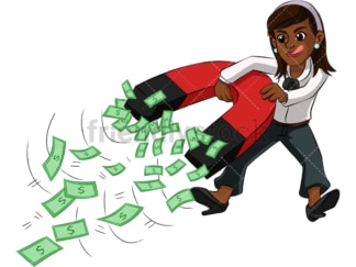 Black woman attracting money with magnet. PNG - JPG and vector EPS (infinitely scalable). Image isolated on transparent background.