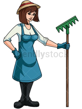 Female gardener holding rake. PNG - JPG and vector EPS file formats (infinitely scalable). Image isolated on transparent background.