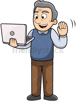 Old man using laptop to video chat. PNG - JPG and vector EPS file formats (infinitely scalable). Image isolated on transparent background.
