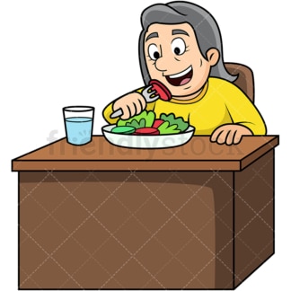Old woman enjoying salad. PNG - JPG and vector EPS. Image isolated on transparent background.