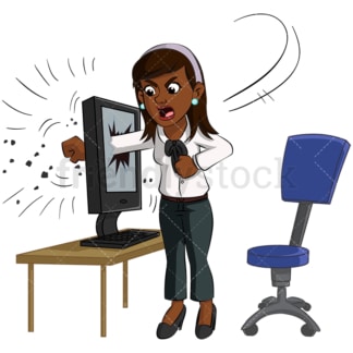 Black businesswoman breaking computer. PNG - JPG and vector EPS (infinitely scalable). Image isolated on transparent background.