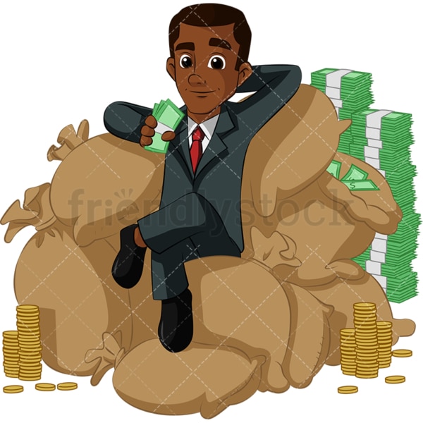 Black Businessman On Piggy Bank Vector Cartoon Clipart - FriendlyStock