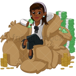 Rich black businesswoman enjoying money. PNG - JPG and vector EPS (infinitely scalable). Image isolated on transparent background.
