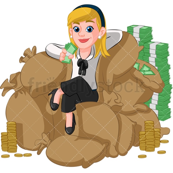 Rich businesswoman on pile of money. PNG - JPG and vector EPS (infinitely scalable). Image isolated on transparent background.