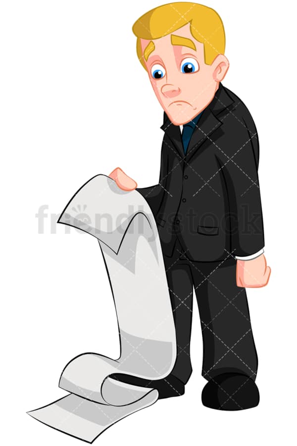 Sad businessman holding massive bill. PNG - JPG and vector EPS (infinitely scalable). Image isolated on transparent background.