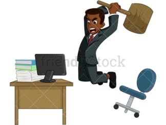 Black businessman destroying computer. PNG - JPG and vector EPS (infinitely scalable). Image isolated on transparent background.