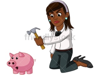 Black businesswoman opening piggy bank. PNG - JPG and vector EPS (infinitely scalable). Image isolated on transparent background.