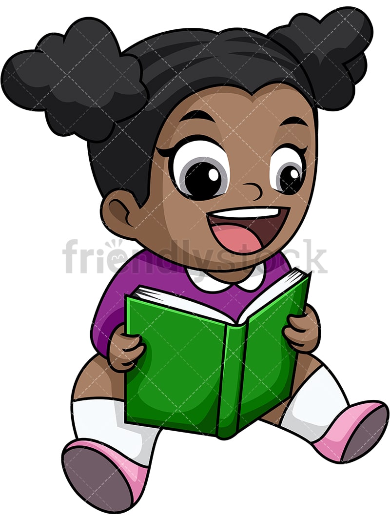 Happy Black Girl Reading Book Cartoon Vector Clipart - FriendlyStock