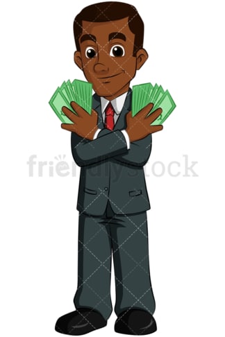 Rich black entrepreneur holding cash. PNG - JPG and vector EPS (infinitely scalable). Image isolated on transparent background.