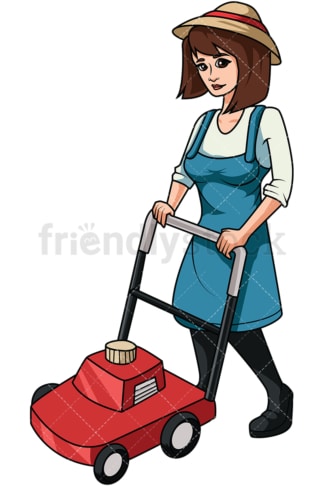 Woman using lawn mower. PNG - JPG and vector EPS file formats (infinitely scalable). Image isolated on transparent background.