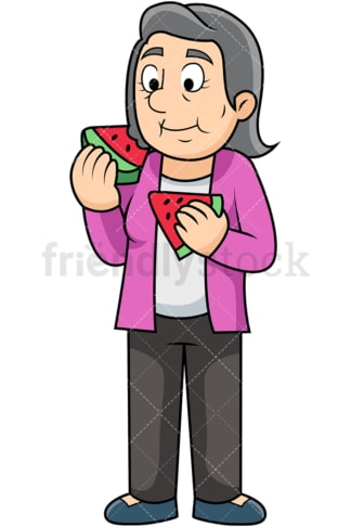 Old woman enjoying watermelon. PNG - JPG and vector EPS. Image isolated on transparent background.