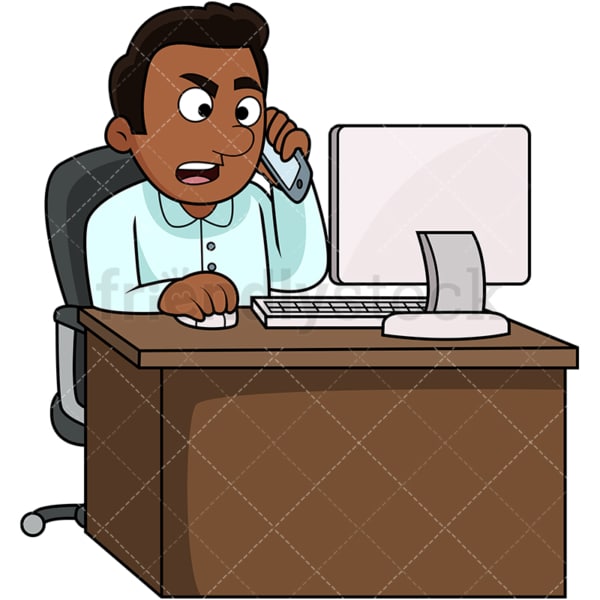 Upset black man calling customer help. PNG - JPG and vector EPS file formats (infinitely scalable). Image isolated on transparent background.