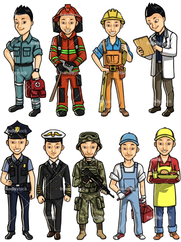 Asian man professions. PNG - JPG and vector EPS file formats (infinitely scalable). Images isolated on transparent background.