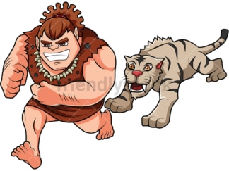 Caveman getting chased by Smilodon. PNG - JPG and vector EPS (infinitely scalable). Image isolated on transparent background.