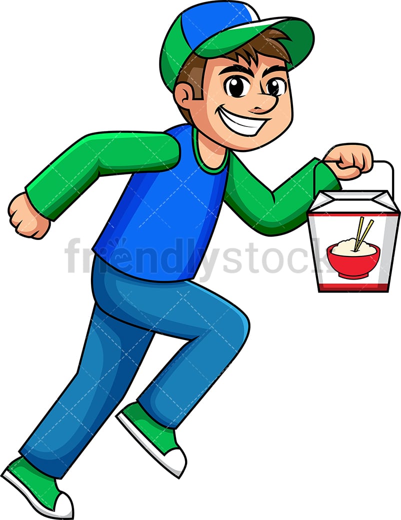 Delivery Guy Holding Chinese Food Box Cartoon Vector Clipart - FriendlyStock