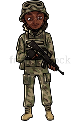 Soldado feminino afro-americano com arma. PNG - formatos de arquivo JPG e vetor EPS (infinitamente escalonável). Imagem isolada em fundo transparente.