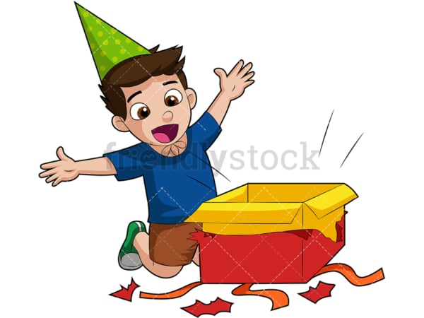 Boy opening birthday present. PNG - JPG and vector EPS (infinitely scalable). Image isolated on transparent background.