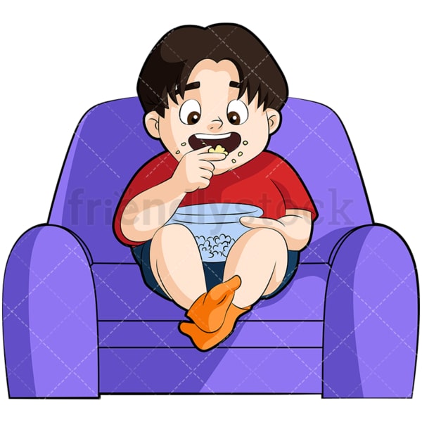 Overweight little boy eating pop corn. PNG - JPG and vector EPS file formats (infinitely scalable). Image isolated on transparent background.