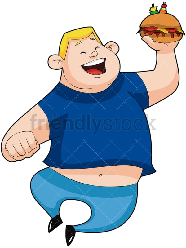 Happy overweight man holding burger. PNG - JPG and vector EPS (infinitely scalable). Image isolated on transparent background.
