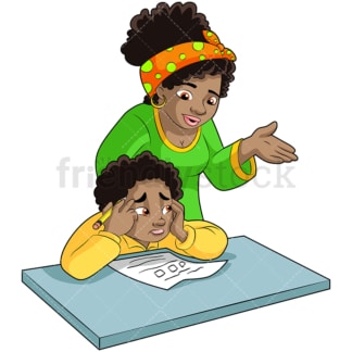 Black mom and son doing homework. PNG - JPG and vector EPS (infinitely scalable). Image isolated on transparent background.
