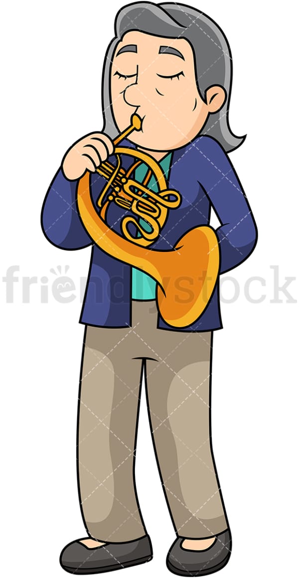 Old woman playing french horn. PNG - JPG and vector EPS file formats (infinitely scalable). Image isolated on transparent background.