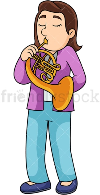 Woman playing the french horn. PNG - JPG and vector EPS file formats (infinitely scalable). Image isolated on transparent background.