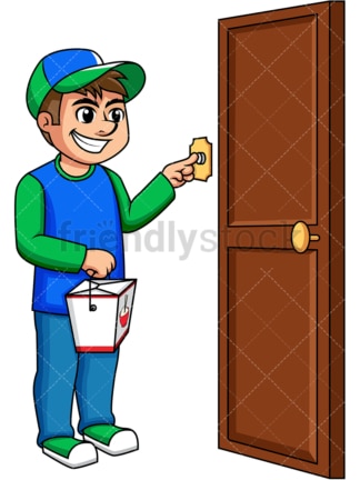 Asian food delivery boy ringing doorbell. PNG - JPG and vector EPS (infinitely scalable). Image isolated on transparent background.