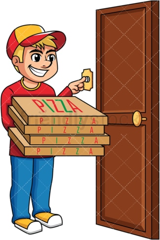 Pizza delivery boy ringing doorbell . PNG - JPG and vector EPS (infinitely scalable). Image isolated on transparent background.