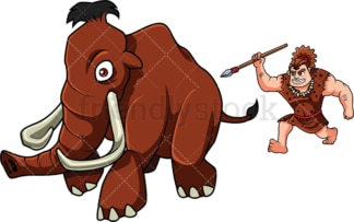 Caveman hunting a mammoth with his spear. PNG - JPG and vector EPS (infinitely scalable). Image isolated on transparent background.