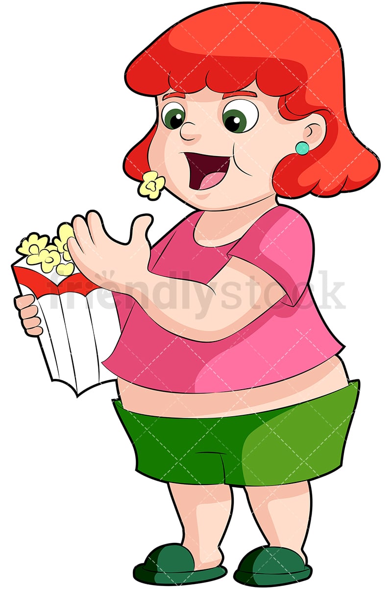 Fat Little Girl Eating Pop Corn Cartoon Vector Clipart - FriendlyStock