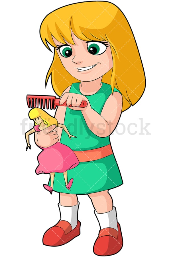 Little girl combing her doll's hair. PNG - JPG and vector EPS (infinitely scalable). Image isolated on transparent background.