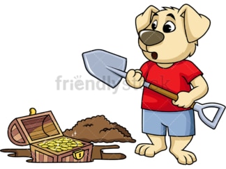 Cartoon character dog digging up treasure chest. PNG - JPG and vector EPS (infinitely scalable). Image isolated on transparent background.
