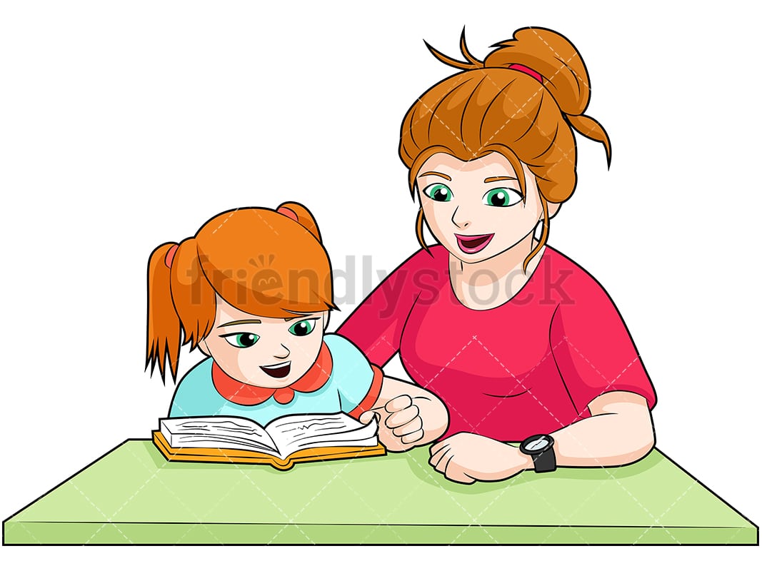 Mom And Daughter Doing Homework Cartoon Vector Clipart - FriendlyStock