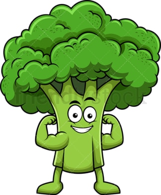 Broccoli cartoon character flexing muscles. PNG - JPG and vector EPS (infinitely scalable). Image isolated on transparent background.