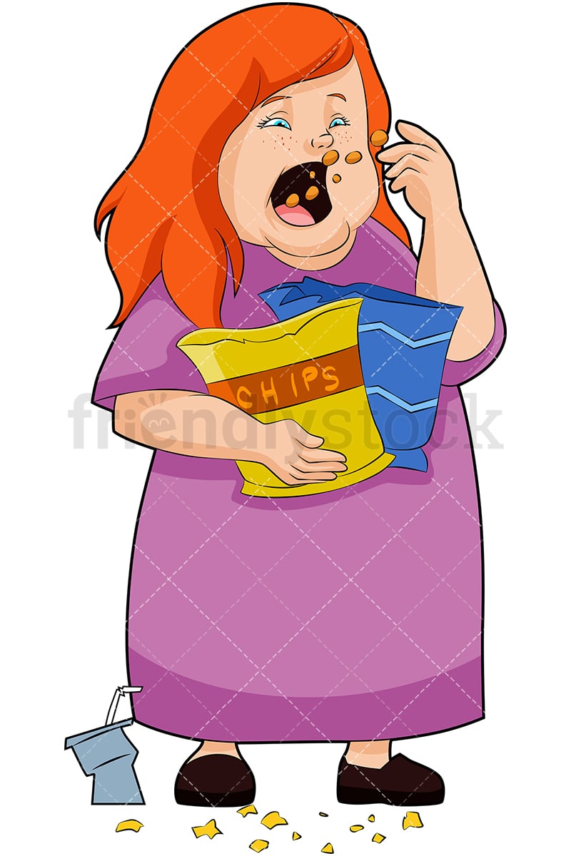 Chubby Girl Eating Potato Chips Cartoon Vector Clipart - FriendlyStock