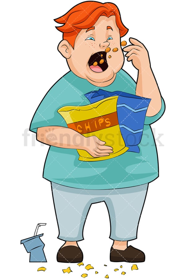 Overweight man eating potato chips. PNG - JPG and vector EPS (infinitely scalable). Image isolated on transparent background.