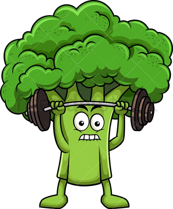 Broccoli cartoon character lifting weights. PNG - JPG and vector EPS (infinitely scalable). Image isolated on transparent background.