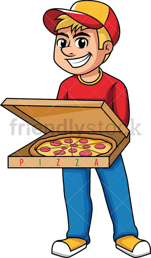 Delivery Guy Holding Open Pizza Box Cartoon Vector Clipart - FriendlyStock